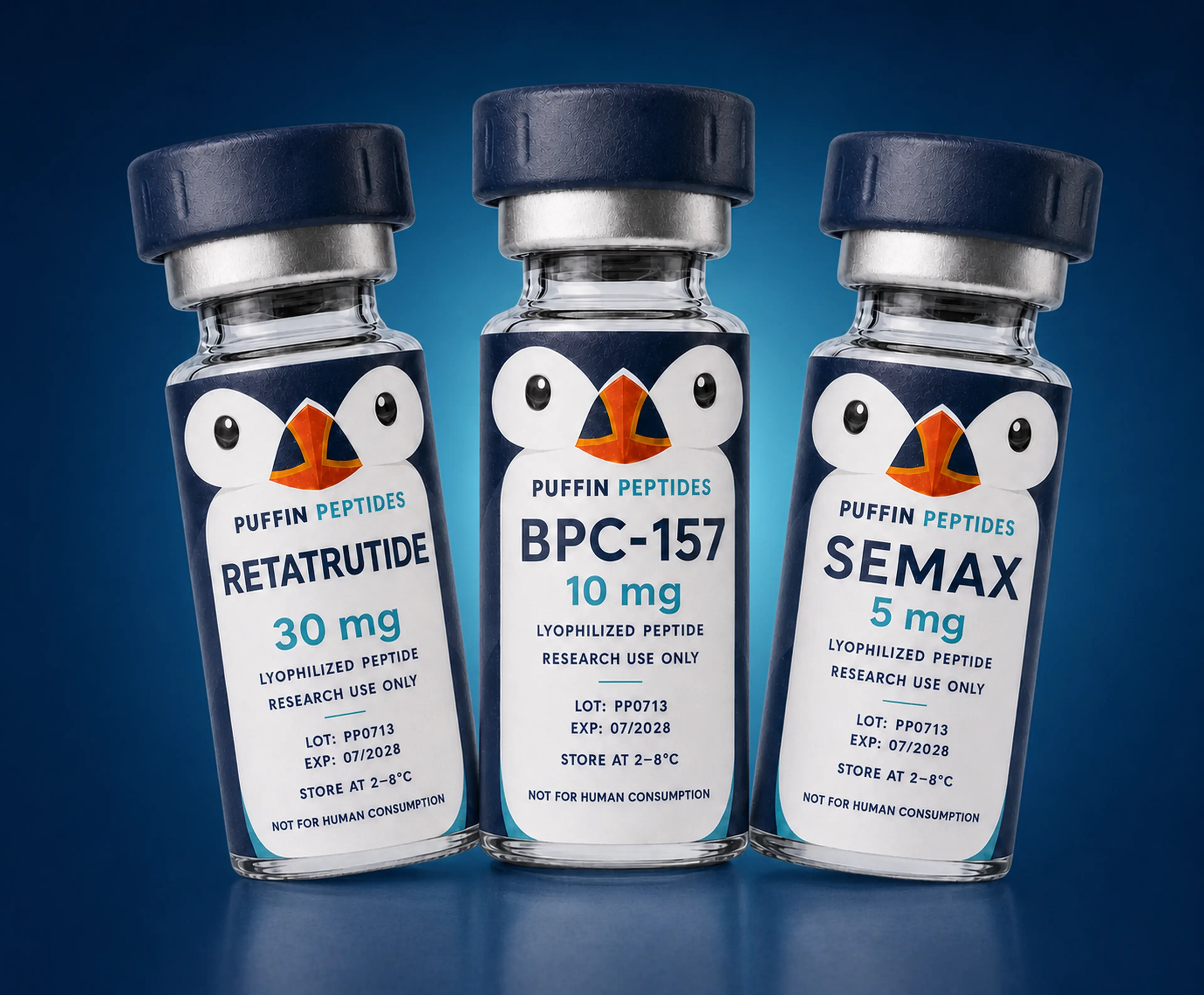 Retatrutide 30 mg, BPC-157 10 mg, and Semax 5 mg Puffin Peptides research vials